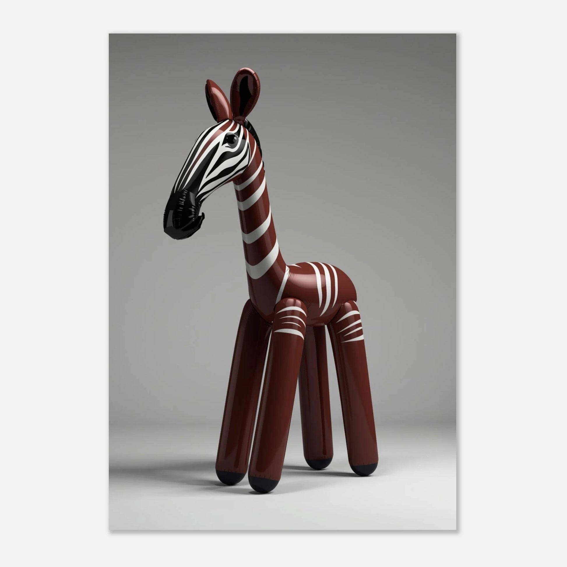 Designad djurposter med en glänsande okapi-ballong i minimalistisk studiomiljö