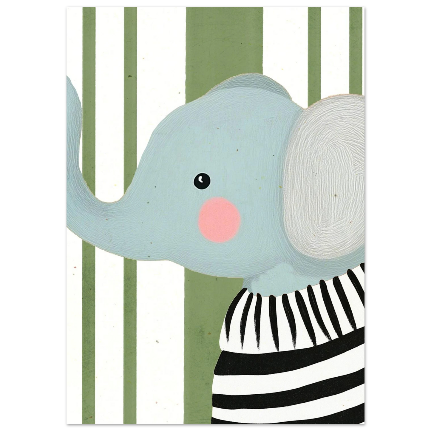 Närbild på en illustrerad elefant med rosa kind och randig tröja