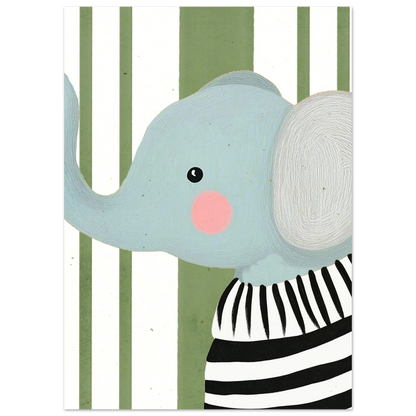 Närbild på en illustrerad elefant med rosa kind och randig tröja