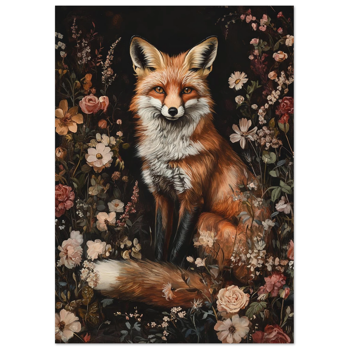Detaljrik rävposter med fokus på päls och botaniska inslag, naturmotiv