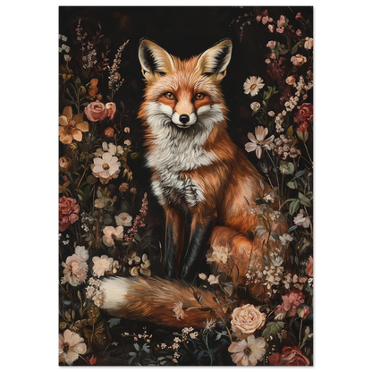 Detaljrik rävposter med fokus på päls och botaniska inslag, naturmotiv