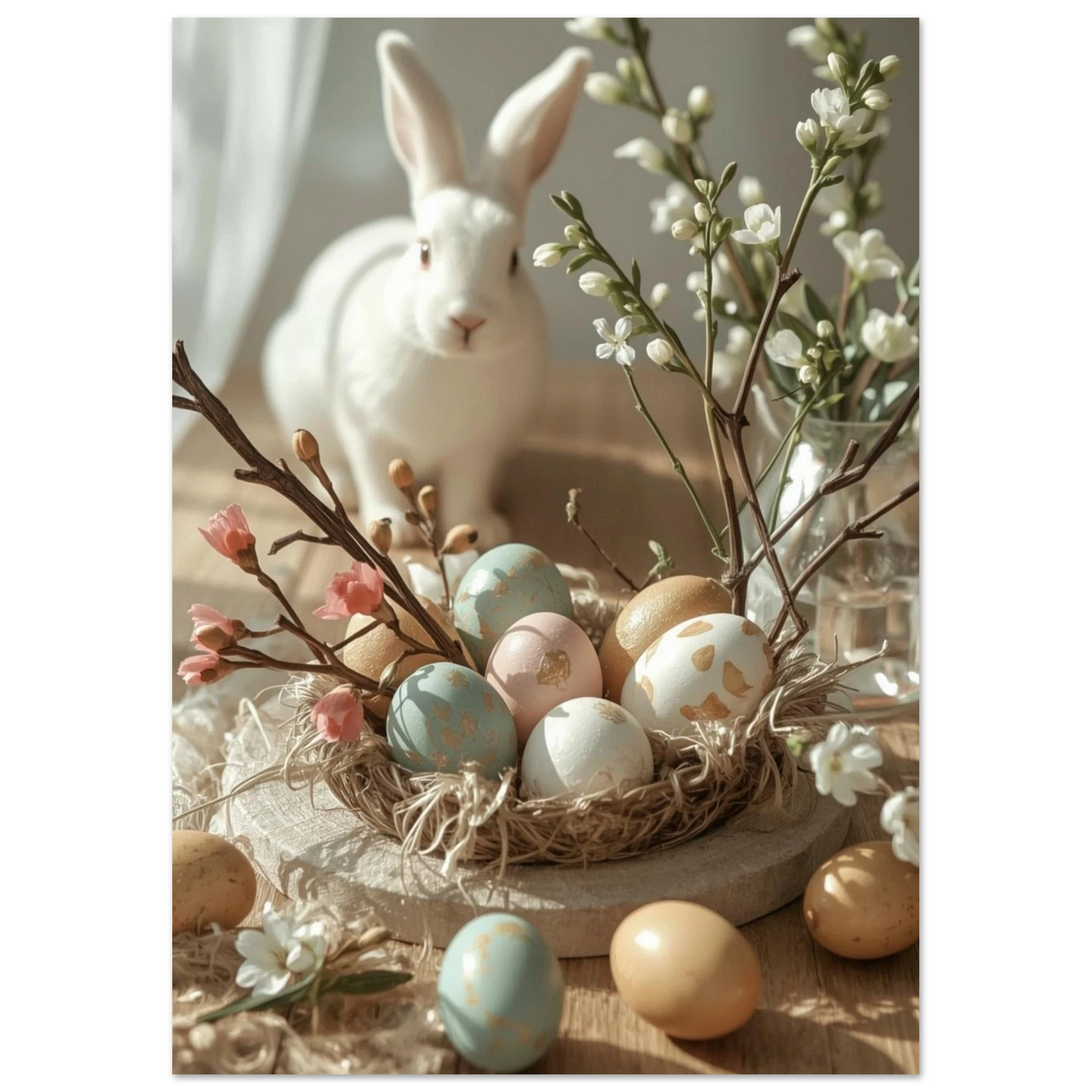 Påskmotiv med vit kanin, ägg och blommande kvistar i mjukt ljus – Fotorealistisk poster