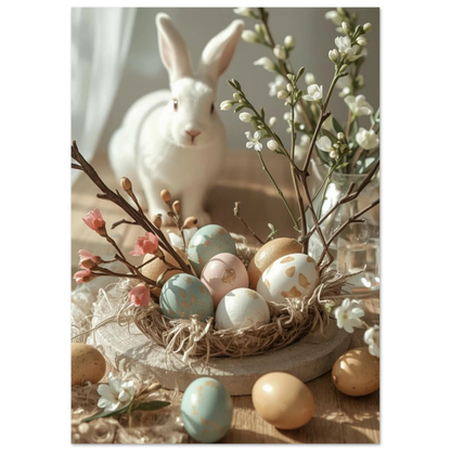 Påskmotiv med vit kanin, ägg och blommande kvistar i mjukt ljus – Fotorealistisk poster