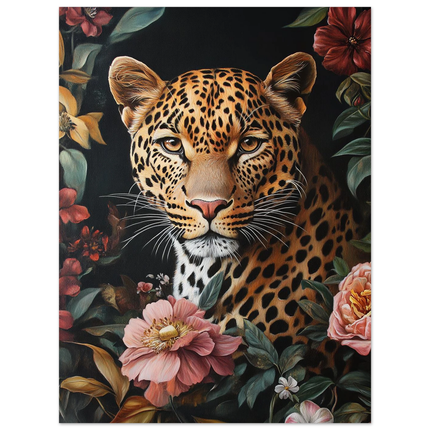 Detaljrik målning av en leopard med intensiv blick och blomsterinramning