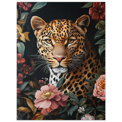 Detaljrik målning av en leopard med intensiv blick och blomsterinramning