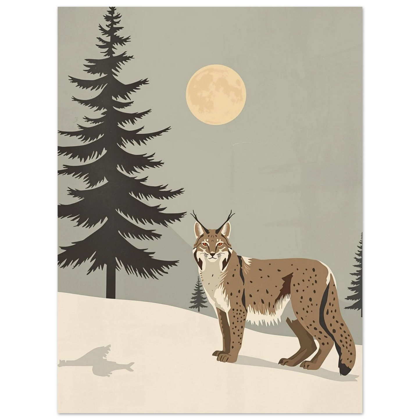 Svenskt lodjur i stram skandinavisk illustration med snö och barrskog