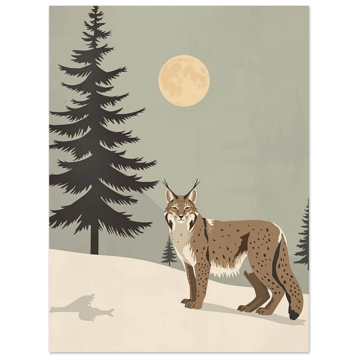Svenskt lodjur i stram skandinavisk illustration med snö och barrskog