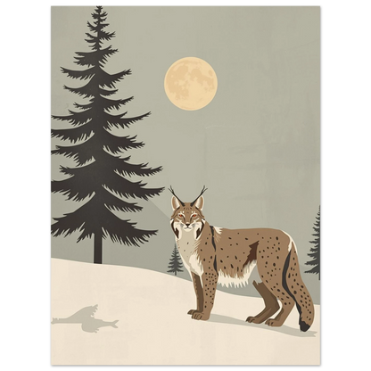 Svenskt lodjur i stram skandinavisk illustration med snö och barrskog