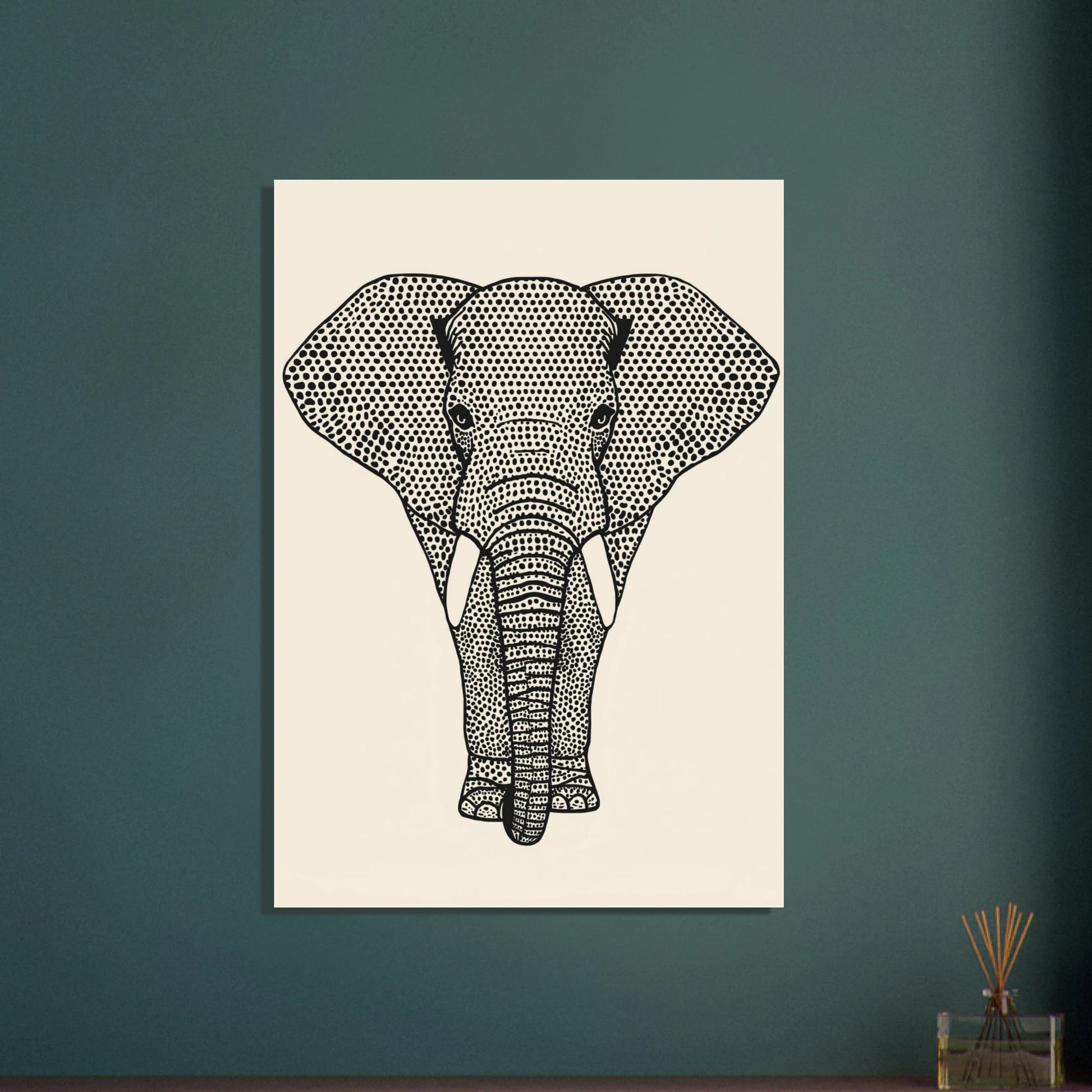 Stiliserad elefant med prickigt mönster, konstnärlig och modern design.