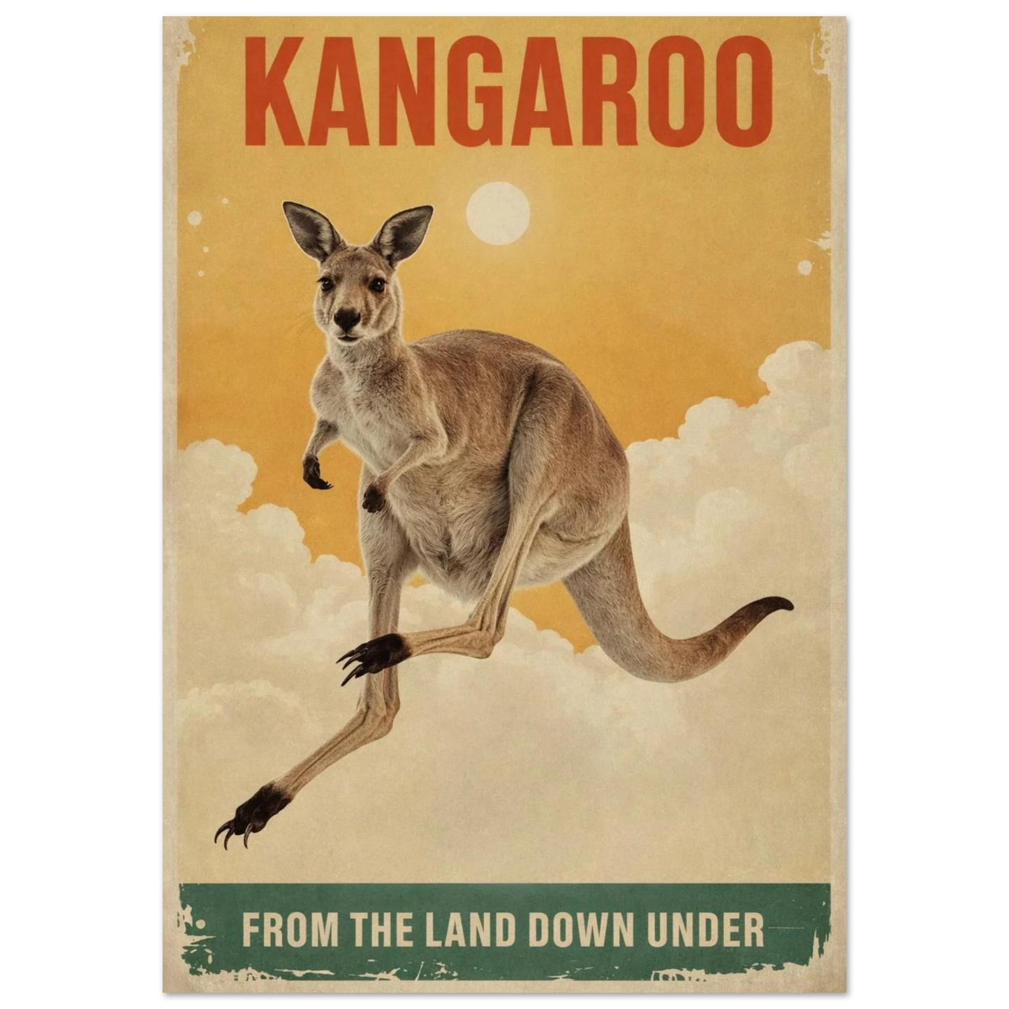 Hoppande känguru mot en sol och moln i vintage reseaffisch-stil – Retro poster