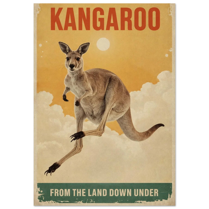 Hoppande känguru mot en sol och moln i vintage reseaffisch-stil – Retro poster