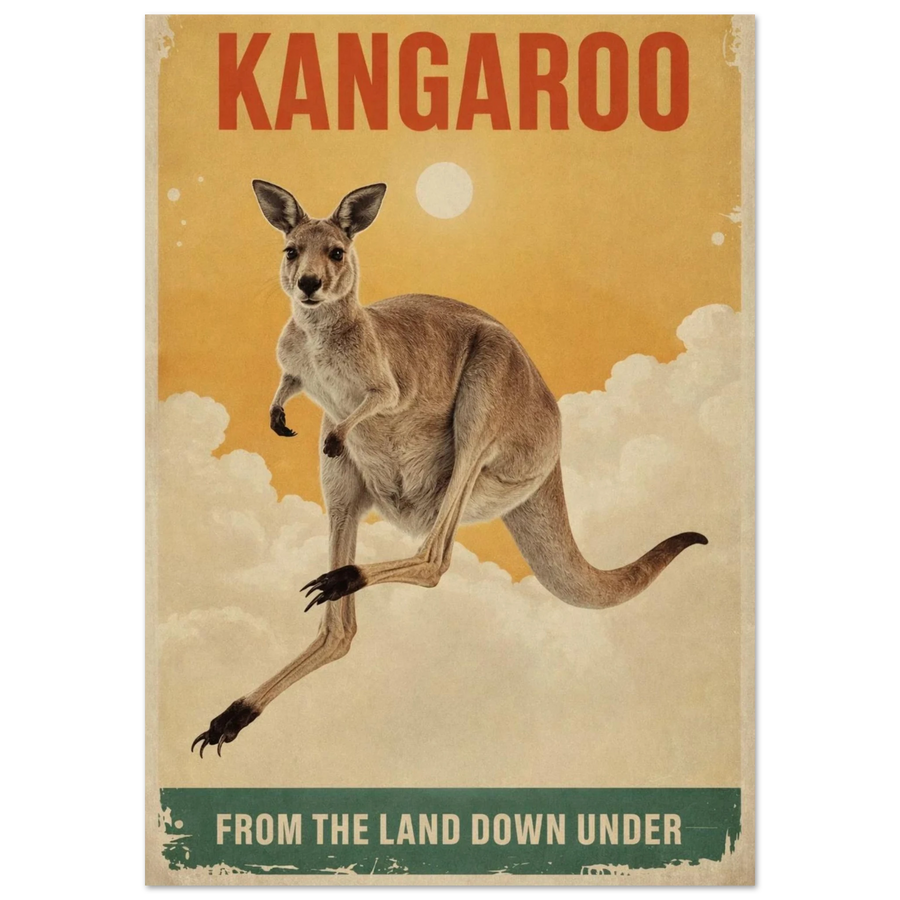 Hoppande känguru mot en sol och moln i vintage reseaffisch-stil – Retro poster