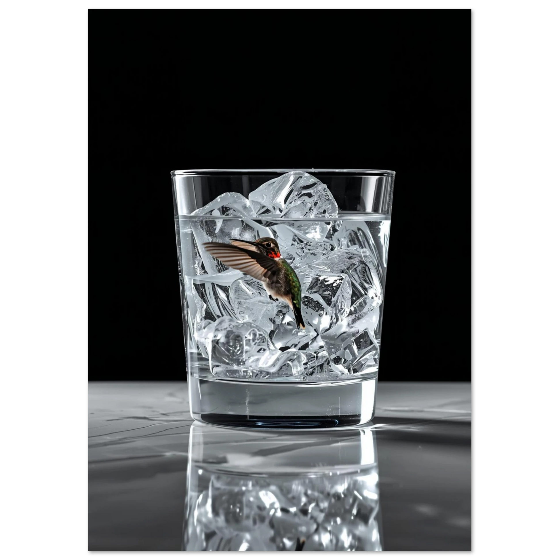 Närbild på kolibri och isbitar i ett glas, konstnärligt djurmotiv