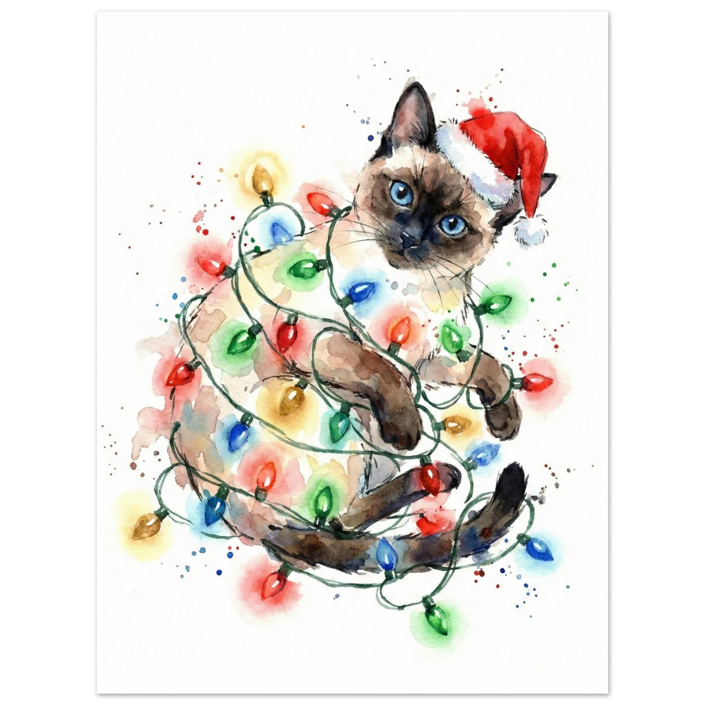 Konstnärligt print av en katt med julbelysning, stänk av akvarellfärg