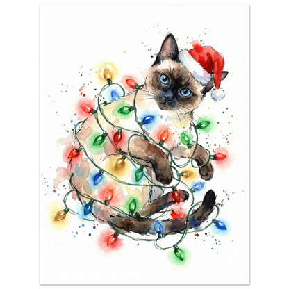 Konstnärligt print av en katt med julbelysning, stänk av akvarellfärg