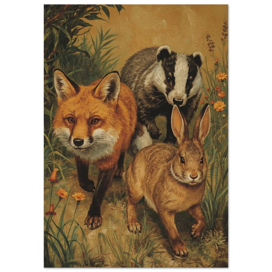 Målad räv, grävling och hare i skogen framifrån – Målad poster