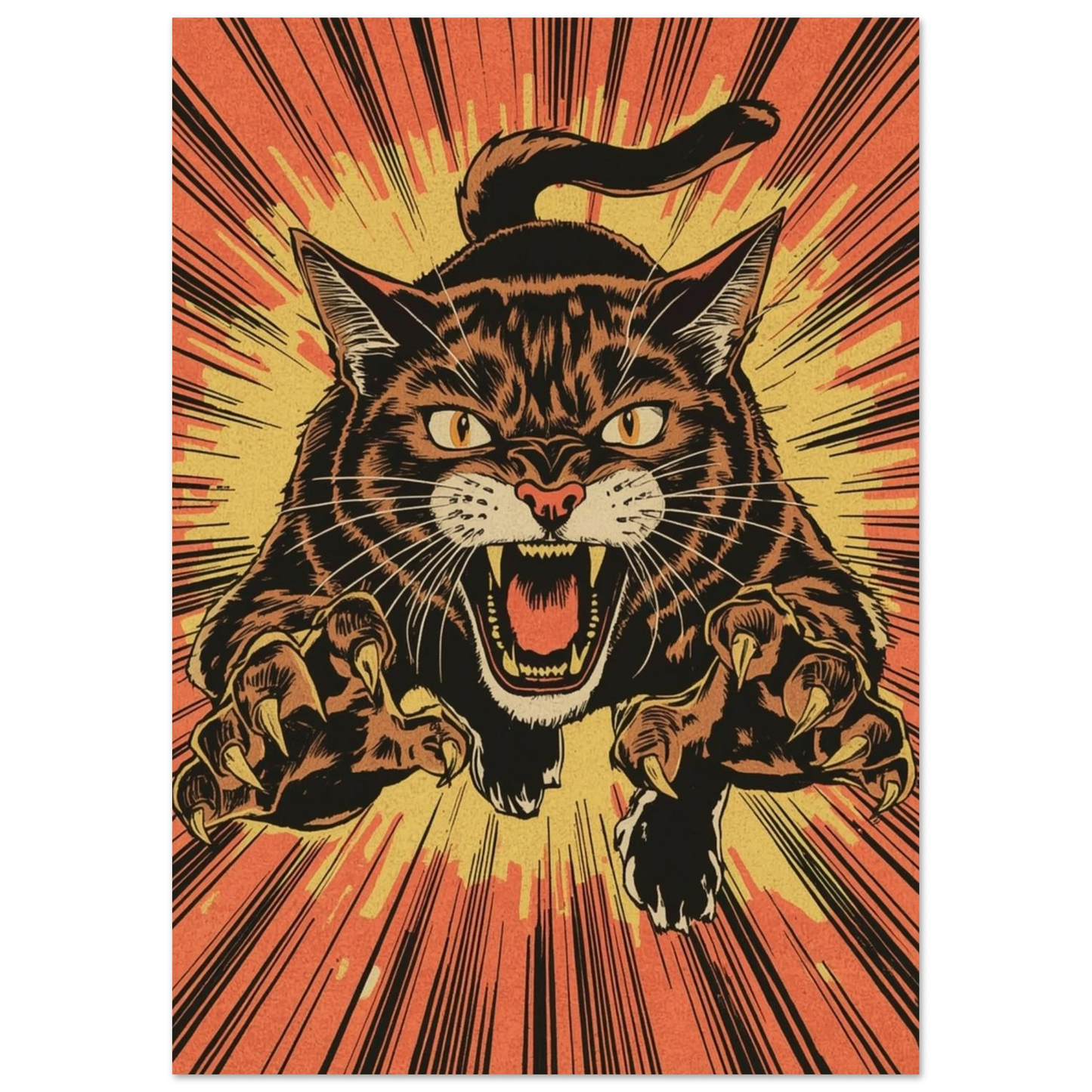 Illustration av en katt i attackposition mot en strålande bakgrund – retro poster
