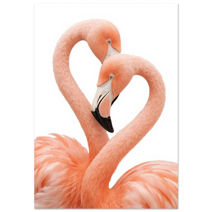 Två rosa flamingor formar ett hjärta med sina halsar, fotokonst