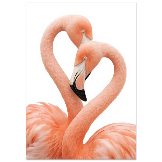Två rosa flamingor formar ett hjärta med sina halsar, fotokonst