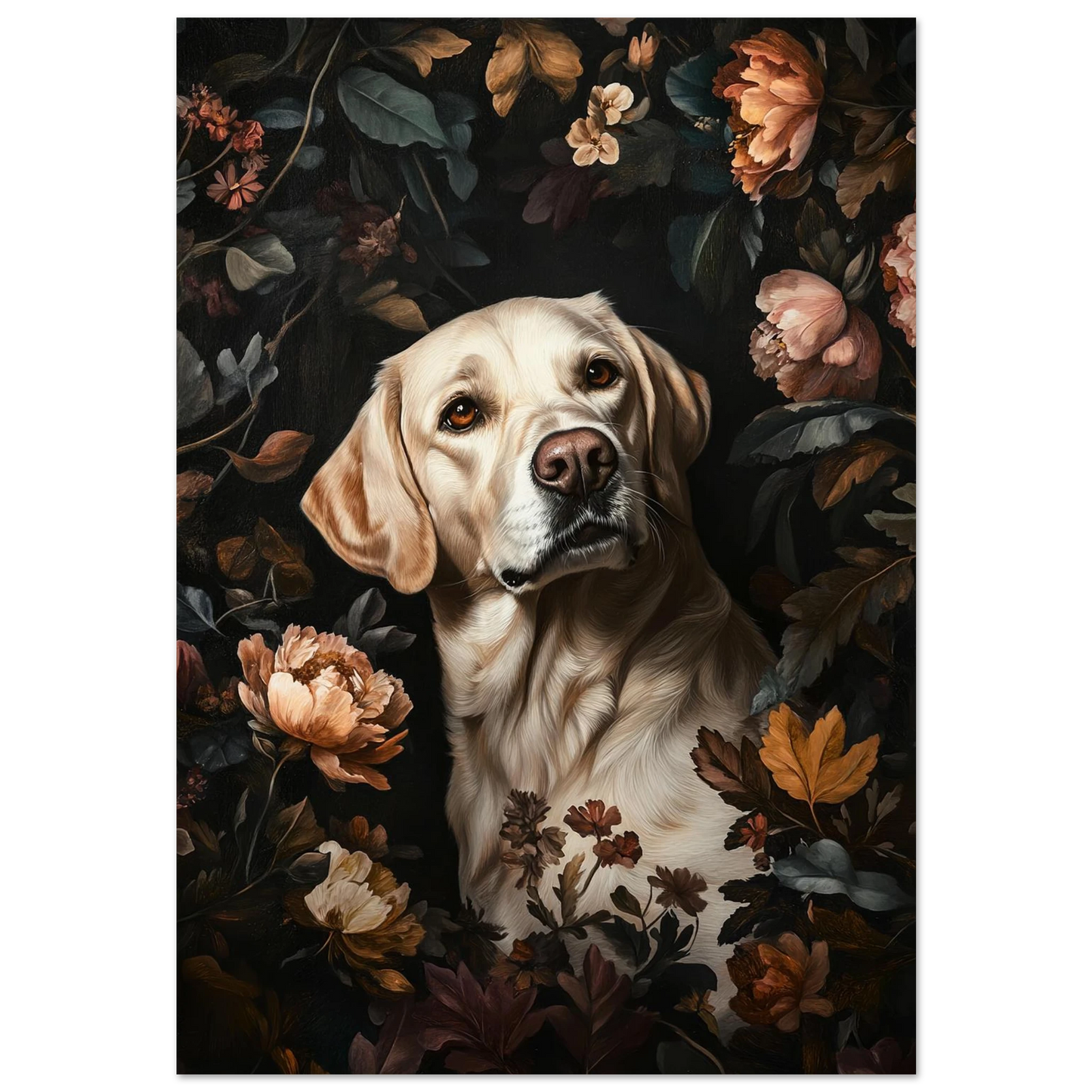 Golden retriever porträtt omgiven av mörka blommor och höstlöv, oljemålning