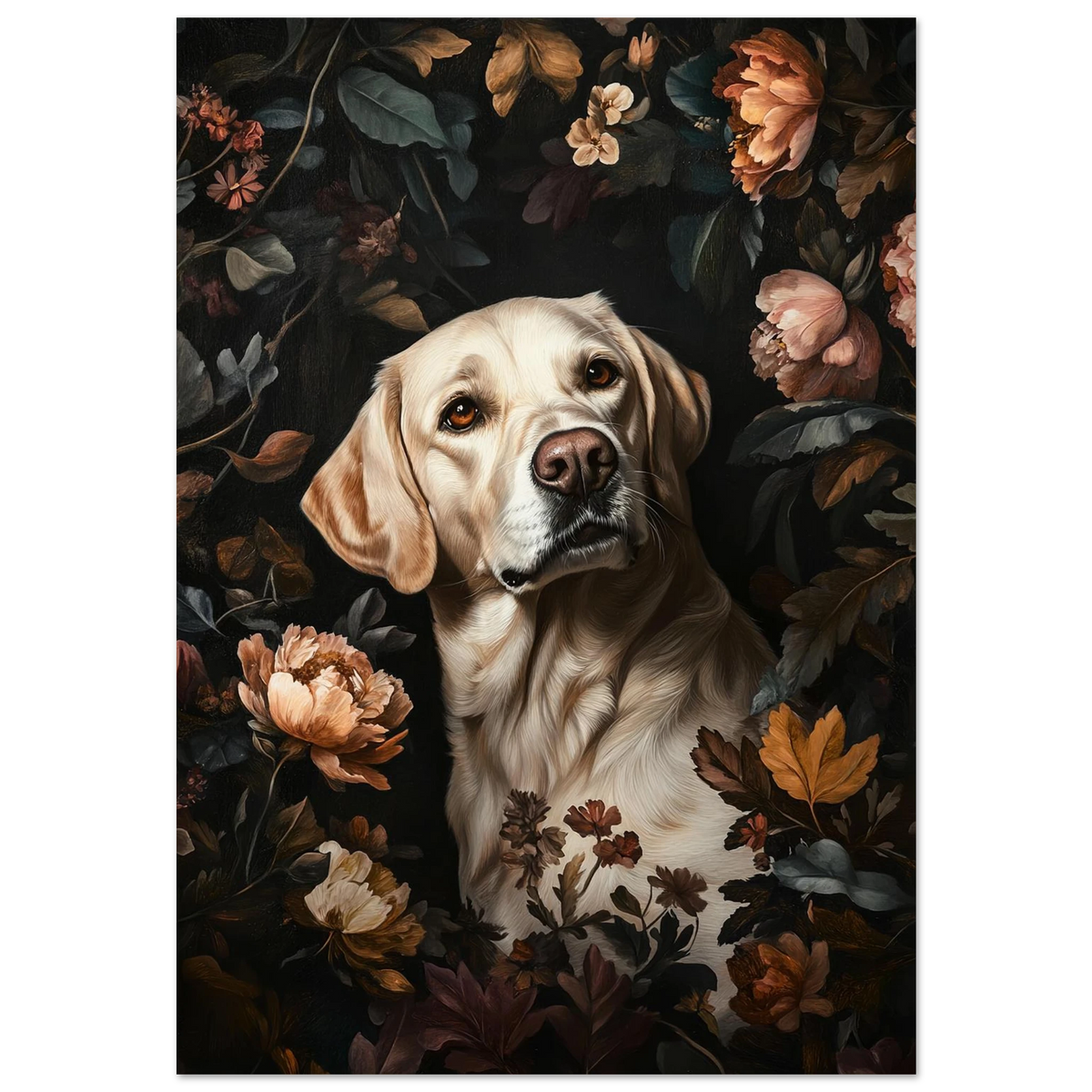 Golden retriever porträtt omgiven av mörka blommor och höstlöv, oljemålning