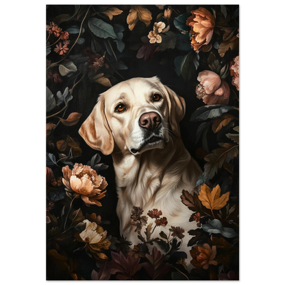 Golden retriever porträtt omgiven av mörka blommor och höstlöv, oljemålning