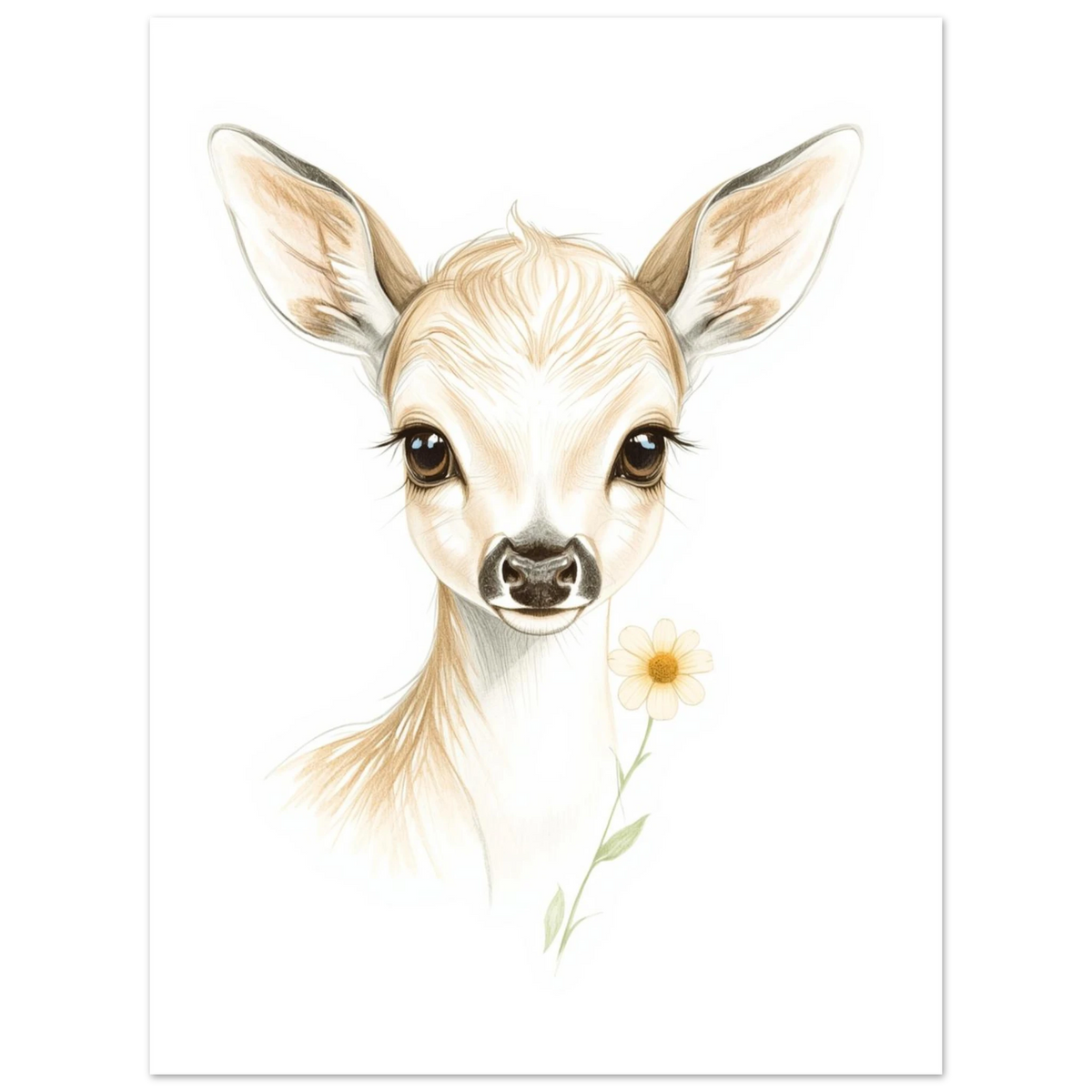 Mjukt tecknat rådjurskid med en gul blomma, minimalistisk väggkonst