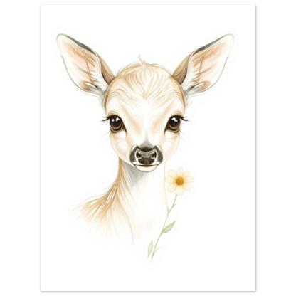 Mjukt tecknat rådjurskid med en gul blomma, minimalistisk väggkonst