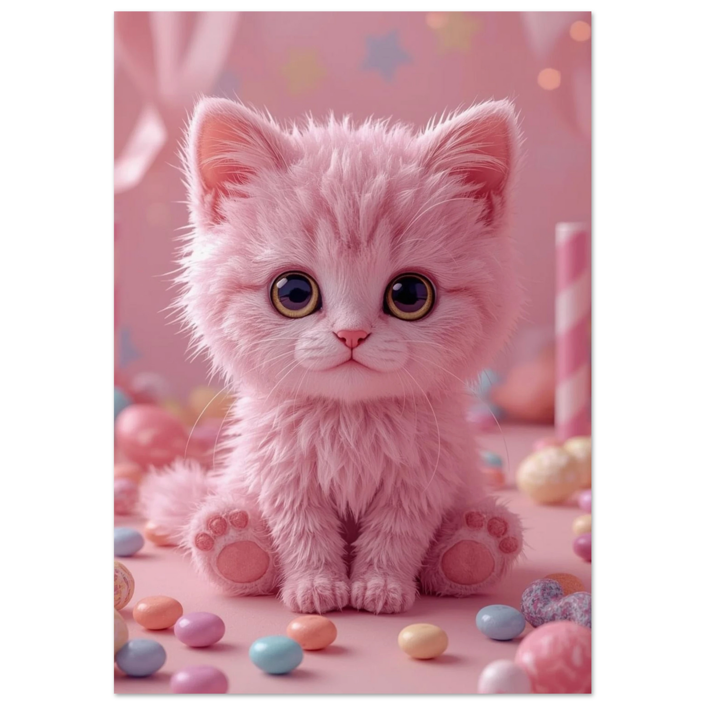 Rosa fluffig kattunge med stora ögon bland pastellgodis – digital djurposter