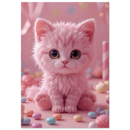 Rosa fluffig kattunge med stora ögon bland pastellgodis – digital djurposter
