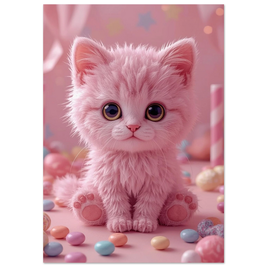 Rosa fluffig kattunge med stora ögon bland pastellgodis – digital djurposter