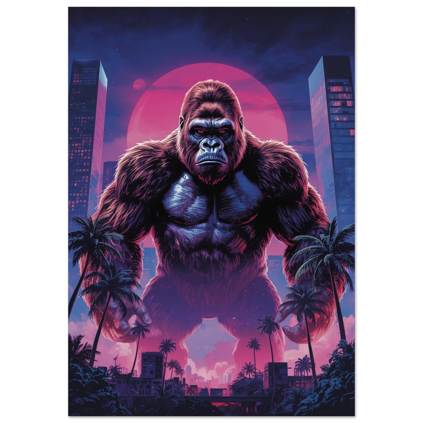 Gorilla med röd bakgrund i neonfärgade stadssiluett – Tecknad poster