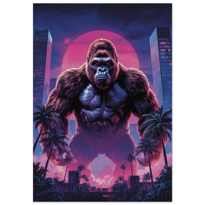 Gorilla med röd bakgrund i neonfärgade stadssiluett – Tecknad poster