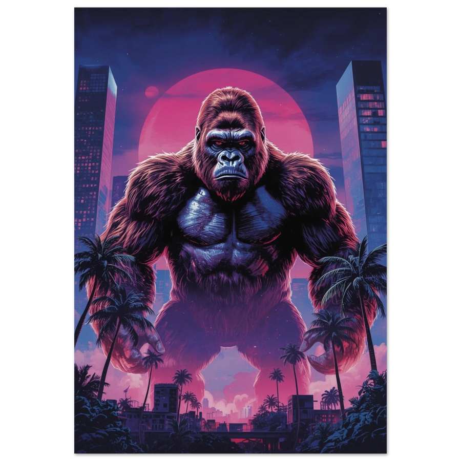 Gorilla med röd bakgrund i neonfärgade stadssiluett – Tecknad poster