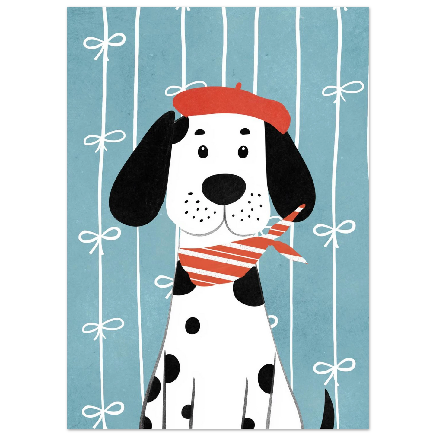 Illustration av prickig hund med fransk basker och rödvit scarf