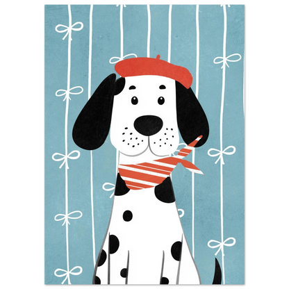 Illustration av prickig hund med fransk basker och rödvit scarf