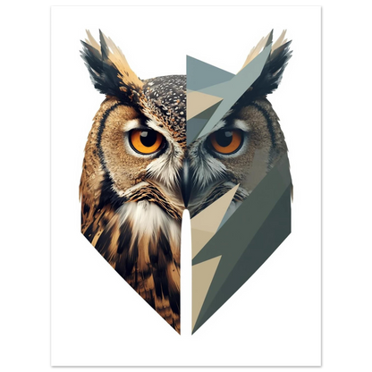 Konstnärligt uggleansikte mot vit bakgrund i två stilar – Tecknad poster