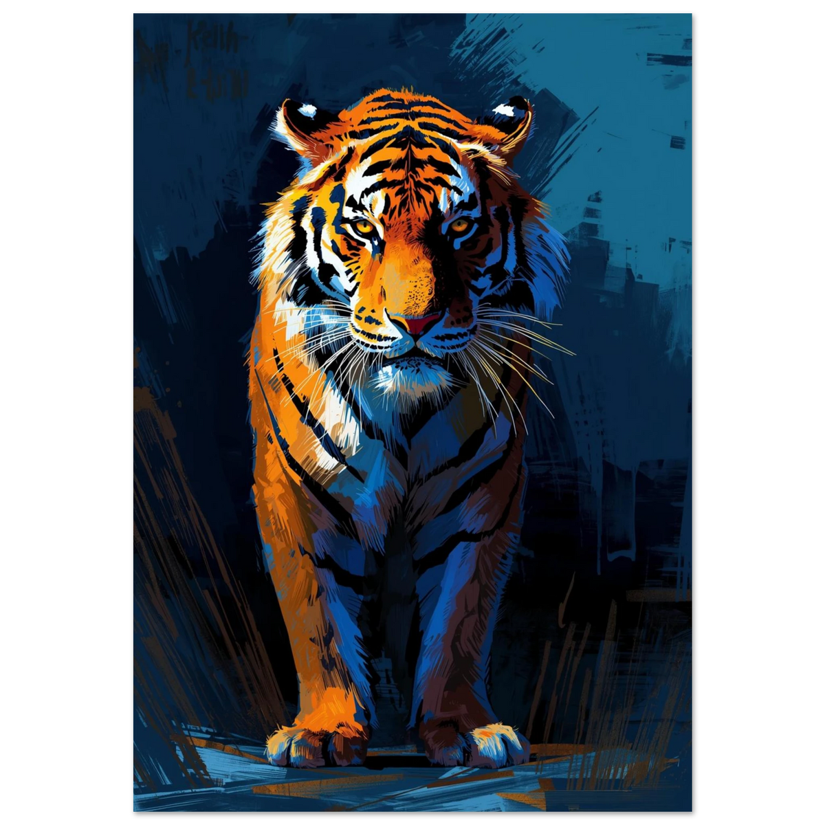 Digitalt målad tiger med orangea ränder mot mörkblå bakgrund – djurposter