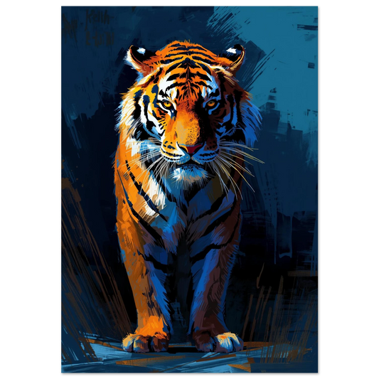 Digitalt målad tiger med orangea ränder mot mörkblå bakgrund – djurposter