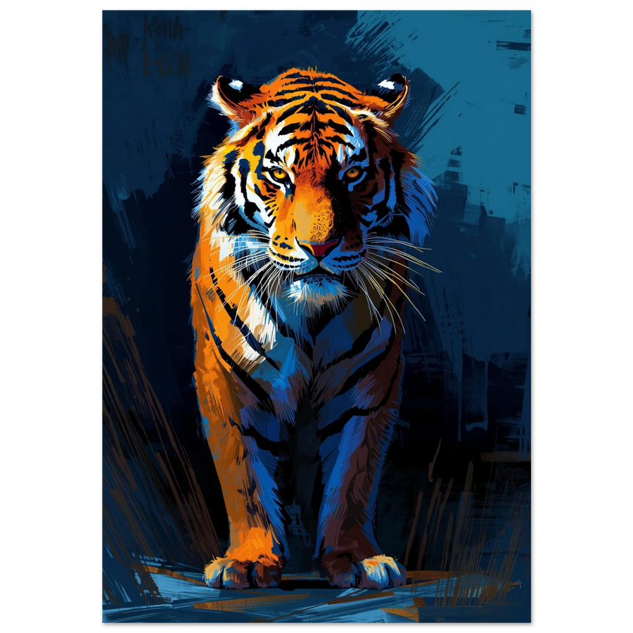 Digitalt målad tiger med orangea ränder mot mörkblå bakgrund – djurposter