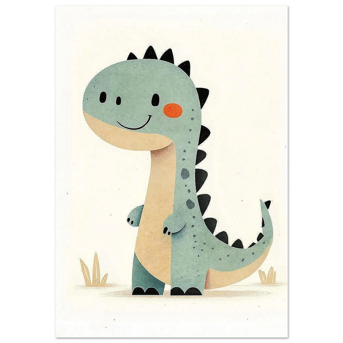 Leende mintgrön dinosaurie med svarta taggar – retroinspirerad barnposter