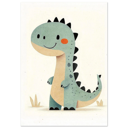 Leende mintgrön dinosaurie med svarta taggar – retroinspirerad barnposter