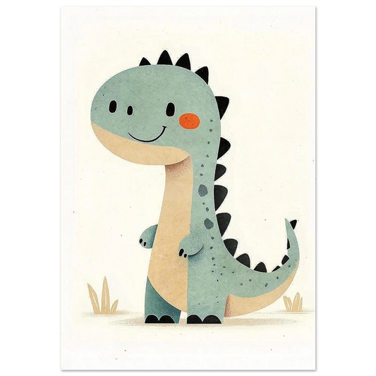Leende mintgrön dinosaurie med svarta taggar – retroinspirerad barnposter