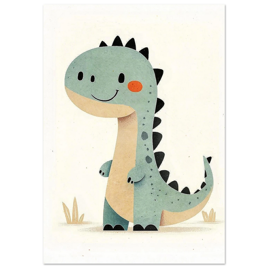 Leende mintgrön dinosaurie med svarta taggar – retroinspirerad barnposter