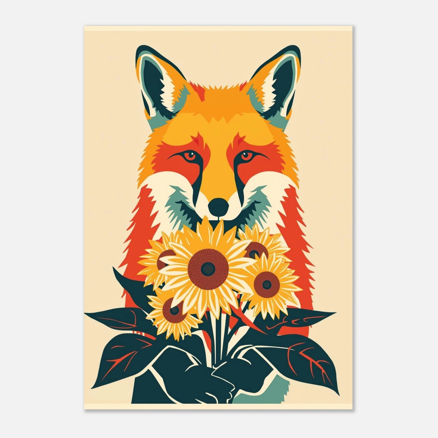 Väggkonst med räv och gula blommor i grafisk stil mot ljus bakgrund