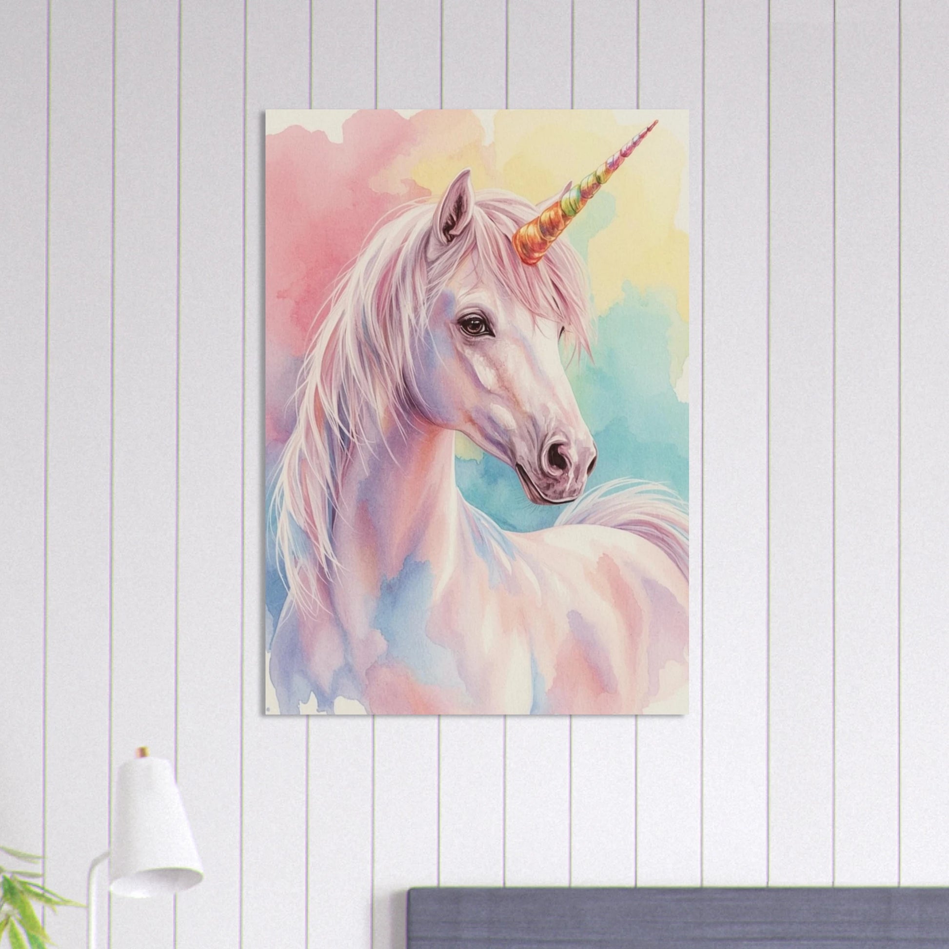 Akvarellmålning av en enhörning i pastellblått och rosa – målad poster