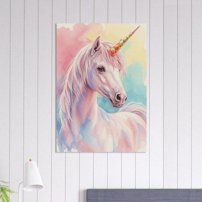 Akvarellmålning av en enhörning i pastellblått och rosa – målad poster