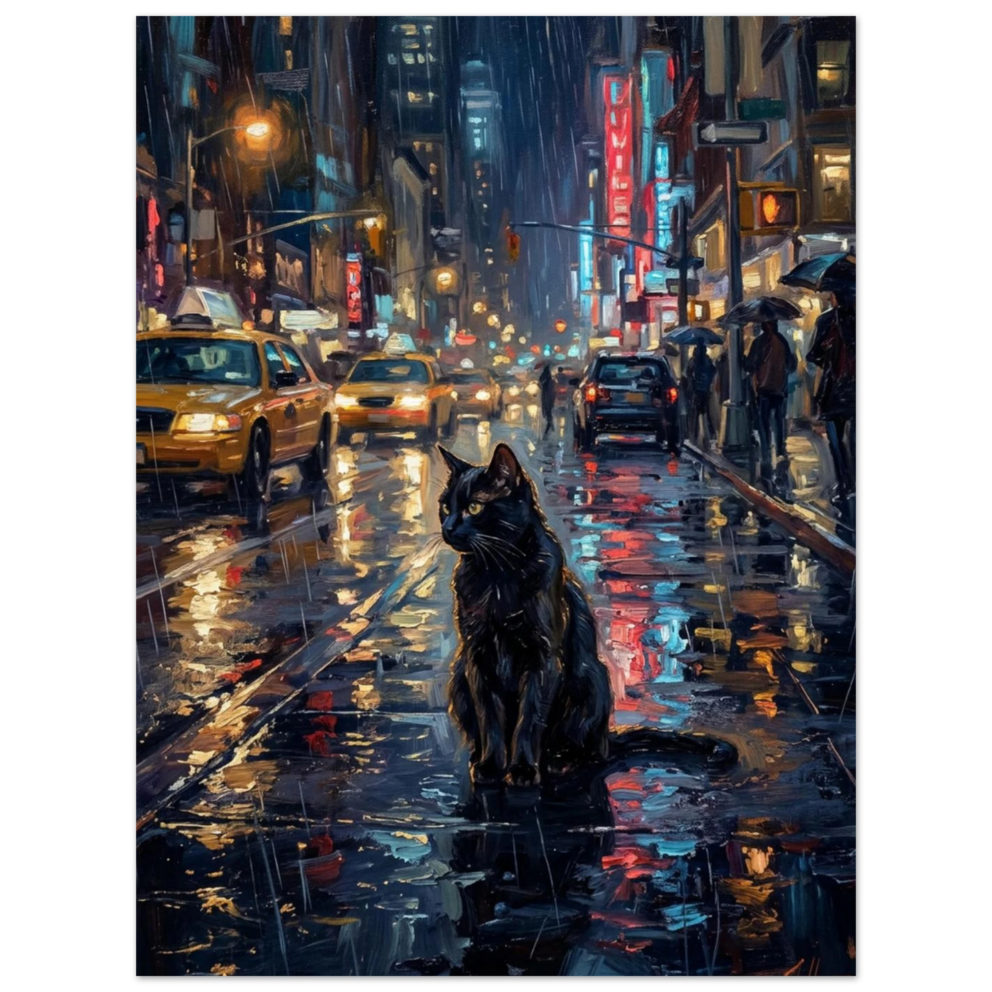 Oljemålning av katt i regnigt New York med ljusreflexer