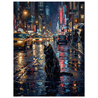 Oljemålning av katt i regnigt New York med ljusreflexer