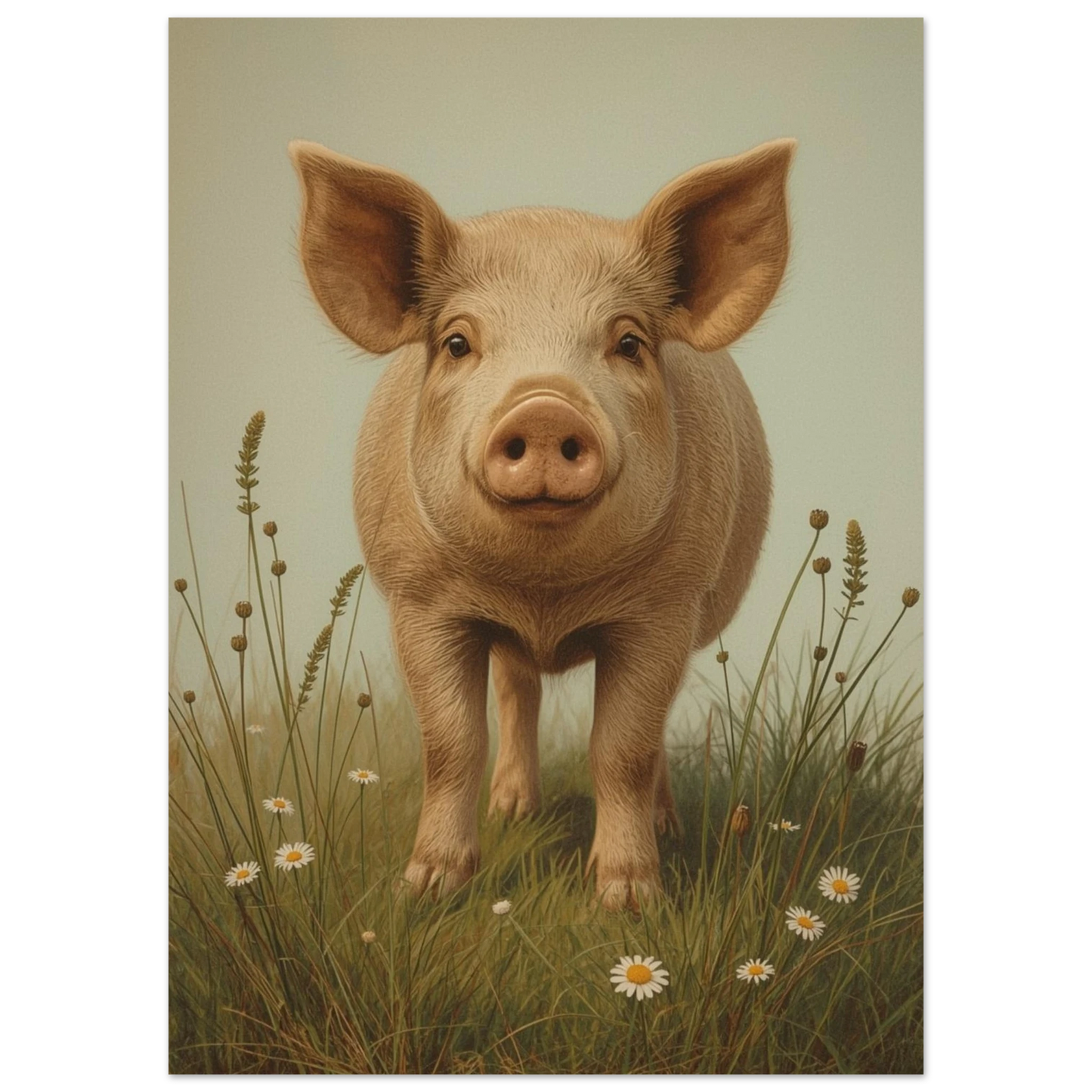 Detaljbild på en gris i fält med grönt gräs och vita blommor – Målad poster